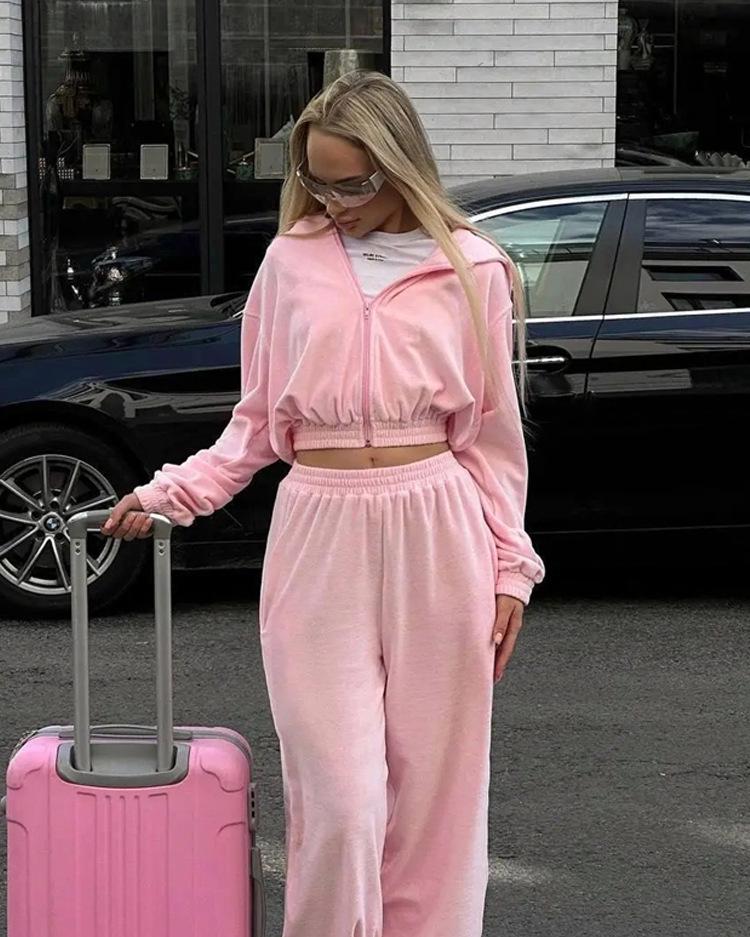 

Женский повседневный комплект 2024: Европейский и американский уличный стиль Худи-кардиган с эластичной талией Длинные брюки Extra Large розовый