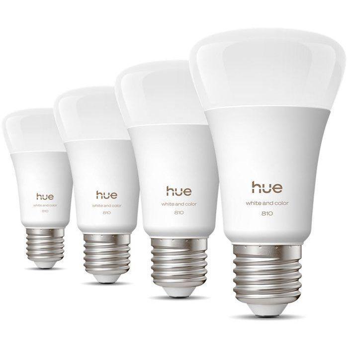 Pack de 4 ampoules LED connectées A60 - PHILIPS HUE - Lumiere blanche et colorée - Culot E27 - 6W - 1000-2000k - 810 lumens