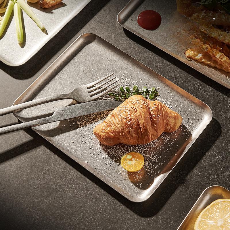 Stainless Steel Vintage Snowflake Silver Square Tray Bread Barbecue Steak Plate Dinner Plate Dessert Dinnerware Decorative Tray