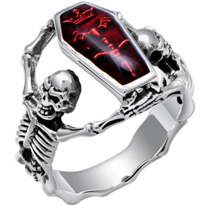Vintage Men's Ghost Skeleton Skull Rings For Men Gothic Punk Alloy Metal Coffin Ring Rock Biker Halloween Jewelry Accessories
