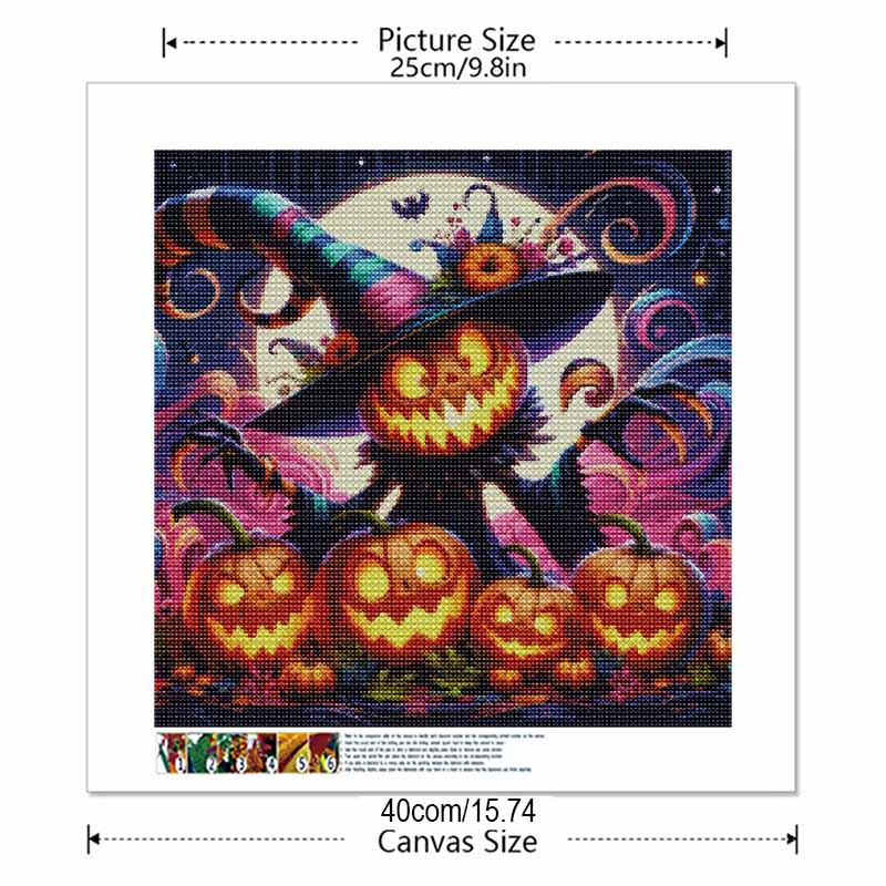 5D Diamond Art Kit Halloween Pumpkin Witch Pattern DIY Full Drill Painting Canvas Relaxing Autumn Seasonal Craft Gift Home Decor