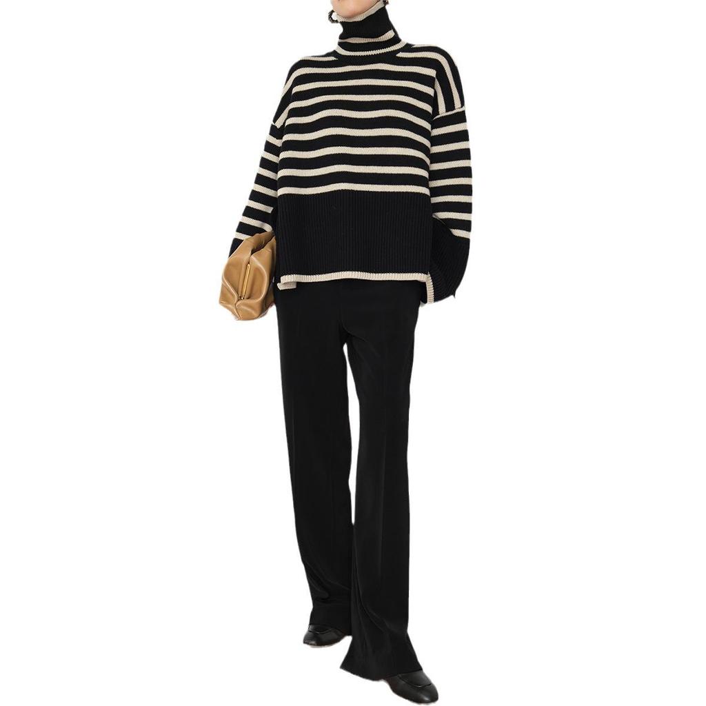 Women's High-Neck Striped Sweater - Japanese & Korean Style, Loose Fit Knit Top