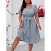 Rochie de vară florală pentru femei plinute, cu gât pătrat, mâneci scurte, cu centură, tiv A-line