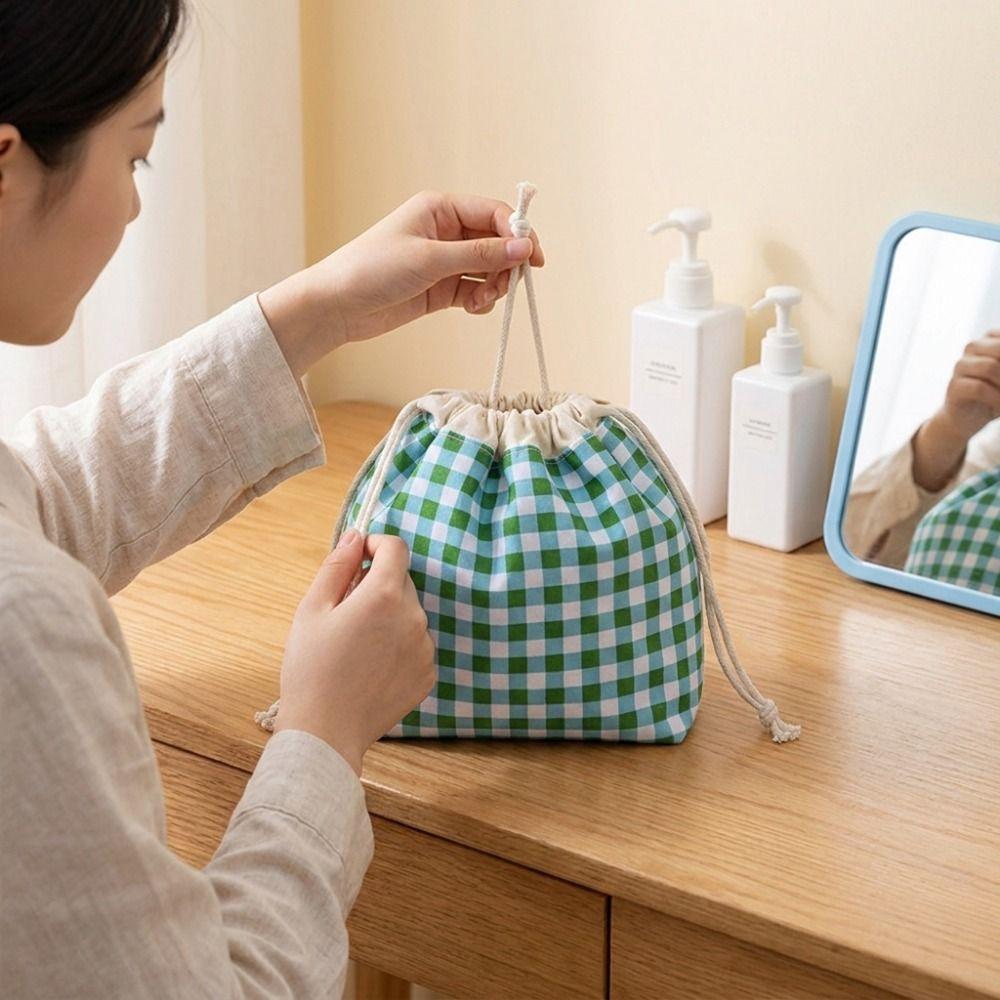 Large Capacity Plaid Drawstring Makeup Bag Portable Drawstring Storage Pouch Sundries Storage