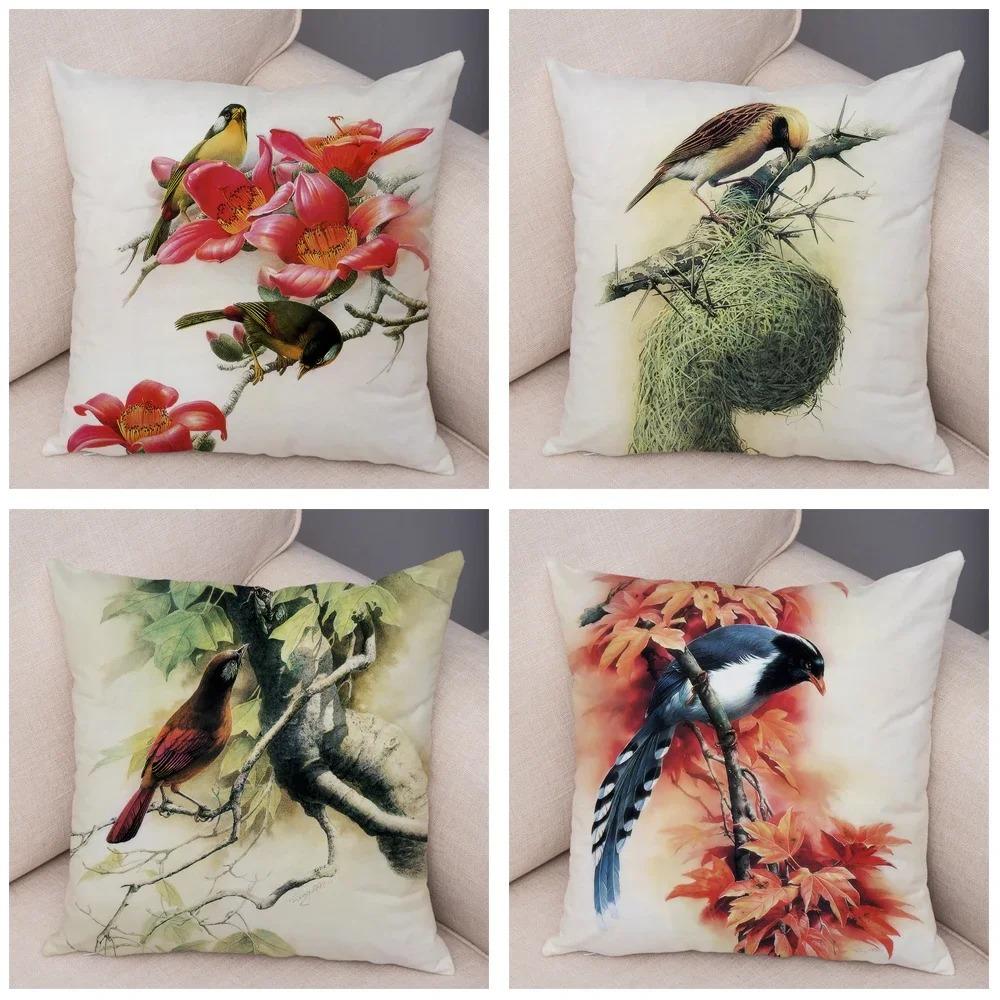 Birds And Flowers Double-sided Printed Pillow Cover Short Plush Suitable Living Rooms Bedrooms Sofas Throw Cushion Cover