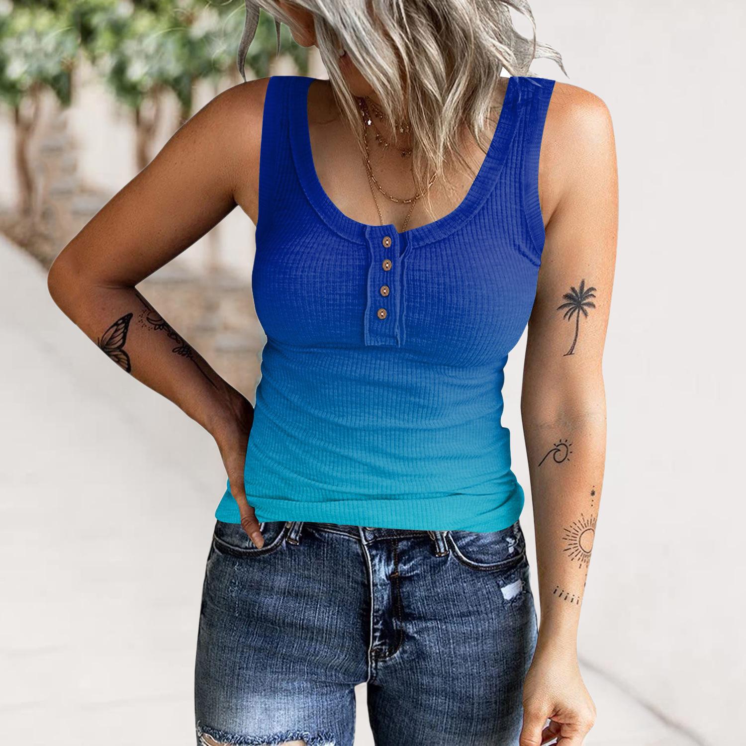 IHUASU женский летний комбинированный жилет без рукавов с градиентом цвета модный облегающий пуловер на пуговицах топ S