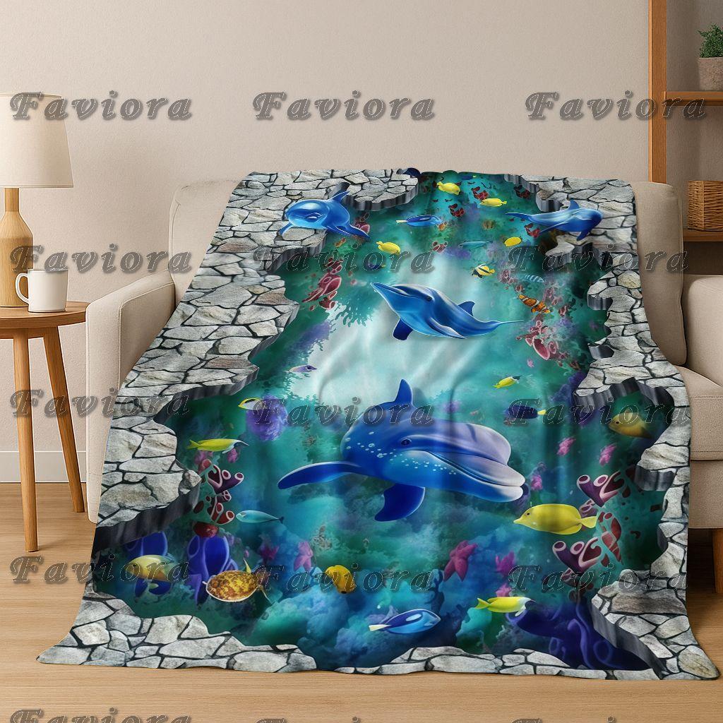 26 Style 3D Illusion Sea Underwater World Dolphin Flannel Blanket,Cozy Soft Throw Blanket for Home Bedroom Bed Sofa Cover Gift