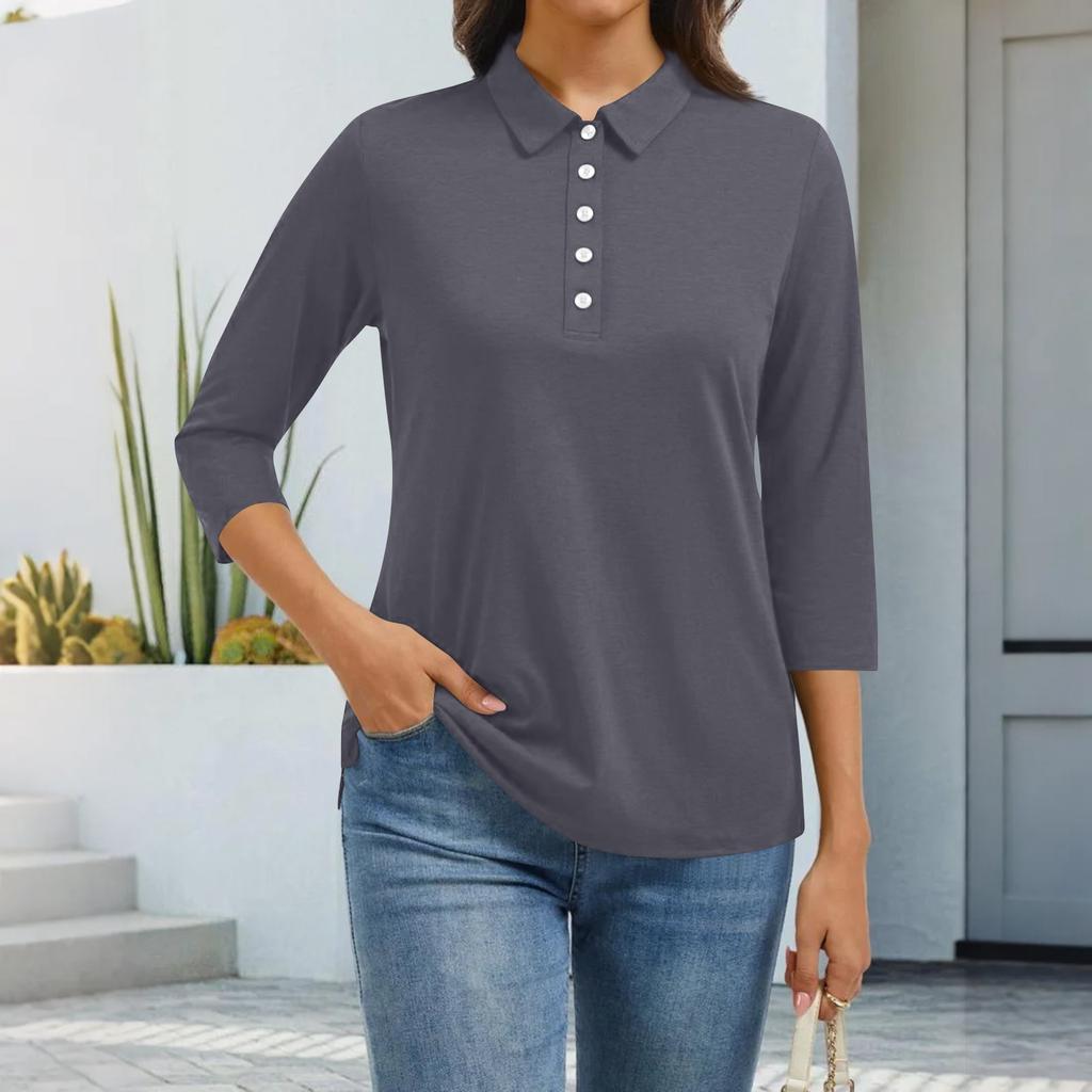 Women's Fashion Casual Lapel Short 3/4 Sleeve Solid Color Shirt Women's Button Up Tops