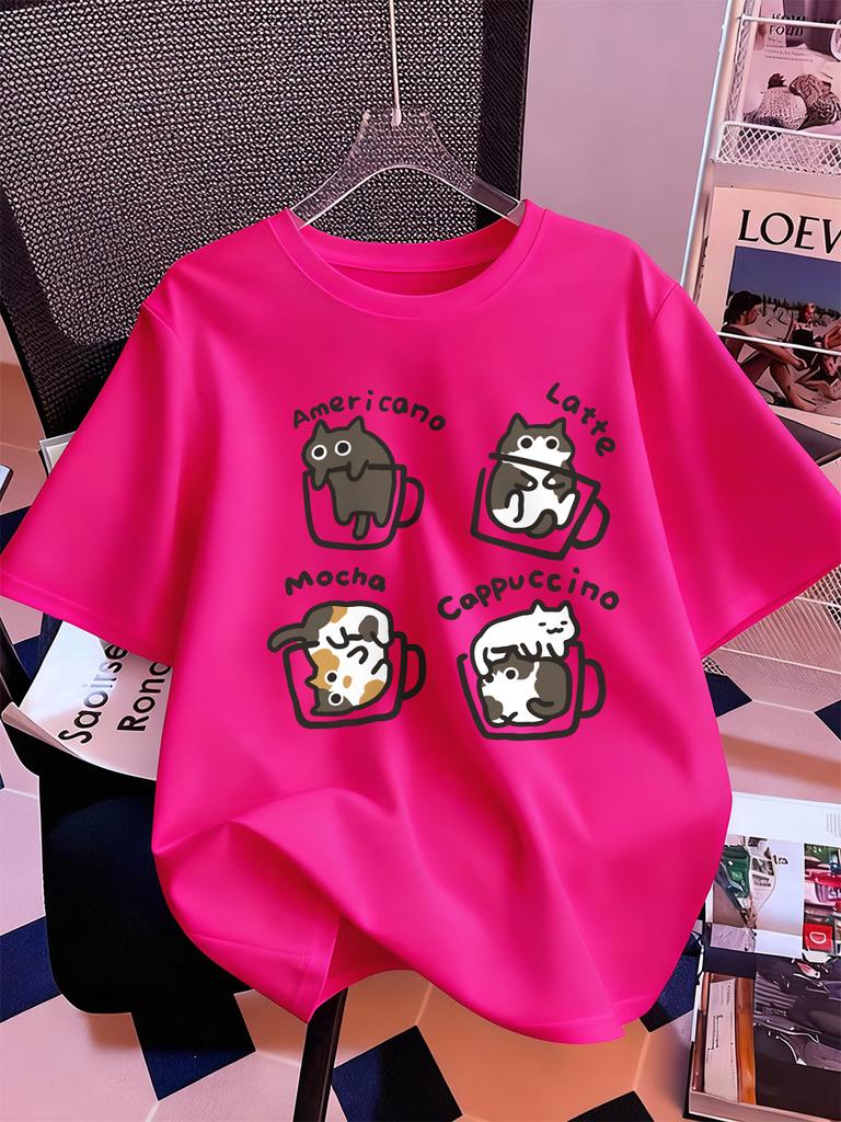 Cat Coffee Art Letter Printing TShirts Womens Summer Cotton Short Sleeve Tops ONeck Soft Loose T Shirt Casual Womans Clothes