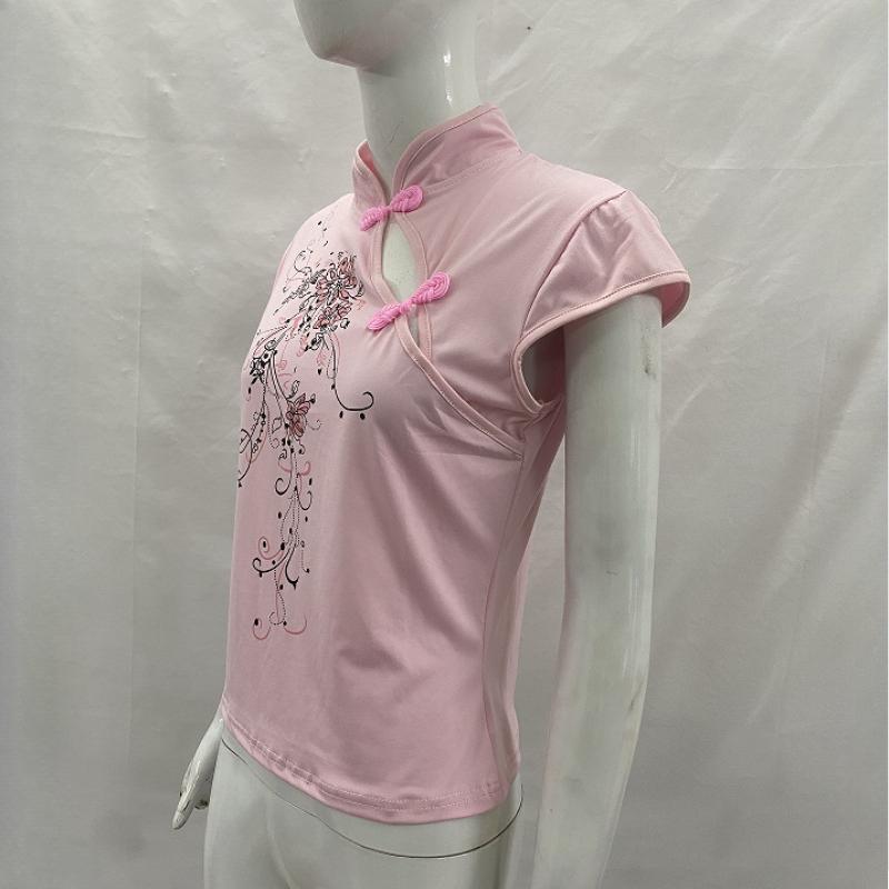 Summer Chinese style loose slimming slant buckle slim fit short sleeved T-shirt for women