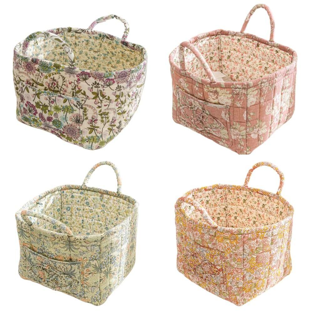 Fabric Floral Pattern Storage Basket Large Capacity Quilted Design Bento Handbags Collapsible Design Easy Carry Handles