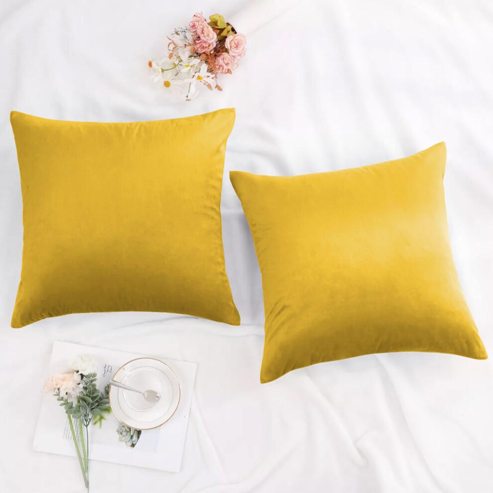 (Ochre, 2 x Cushion Cover) Crushed Velvet Cushion Covers Luxury Plush Plain Soft Sofa Cushion Covers