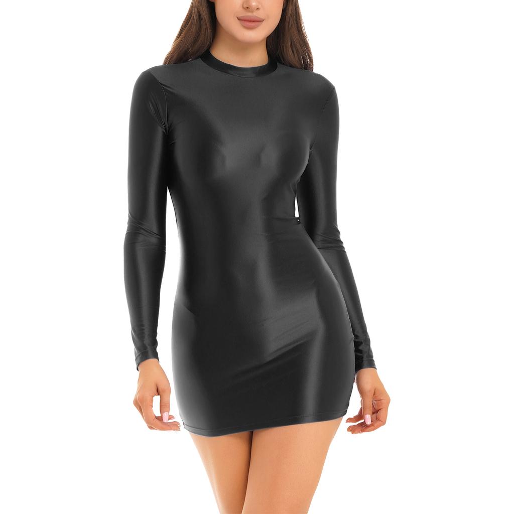 Womens Glossy Long Sleeve Bodycon Dress Mock Neck Solid Color Stretchy Fabric Tight Fitting Nightwear Evening Gown