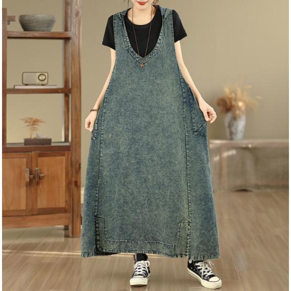 Vestito Salopette in Denim Lavato Retrò da Donna Vestibilità Larga Lungo Maxi Linea ad A Casual Tuta Vestito