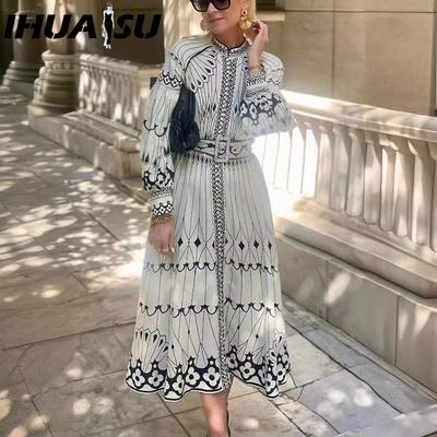 Spring Summer Court Style Elegant Long Sleeve Belt Buckle Printed Dress Women