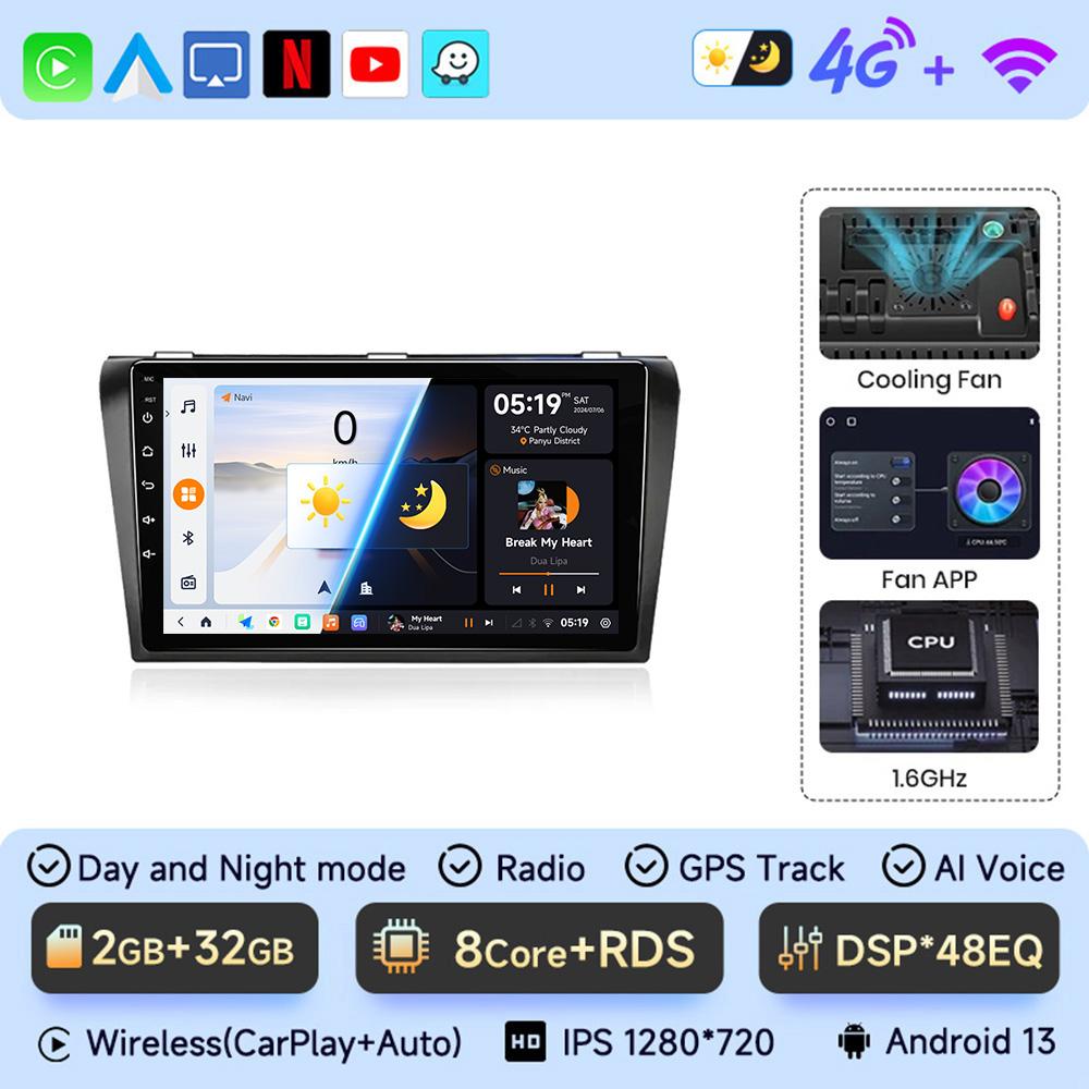 JIUYIN Wireless CarPlay Android 13 Auto 9inch Car Radio for Mazda 3 Bk Maxx Axel 2004-2013 GPS Car Smart Systems Smart Car Radio