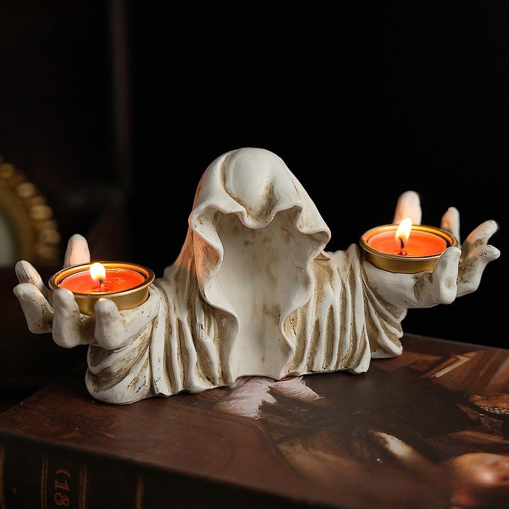 Halloween Decoration Ghost Wizard Candle Holder Resin Tealight Candlestick Home Table Desk Bookshelf Gothic Holiday Ornaments