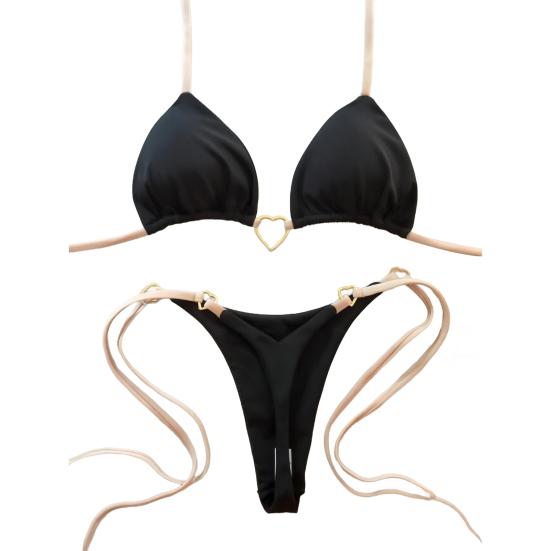 2Pcs/Set Women Bikini Set Heart Metal Buckle Halter Lace-up Swimsuit with Briefs Set