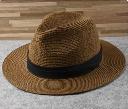 XL Grote Hoofd 63CM Zomer Strand Geweven Zon Hoeden Mannen Vrouwen Grote Maten Jazz UV UPF 50+ Zon Bescherming Reizen Panaman Stro Hoeden Unisex M55-57cm koffie