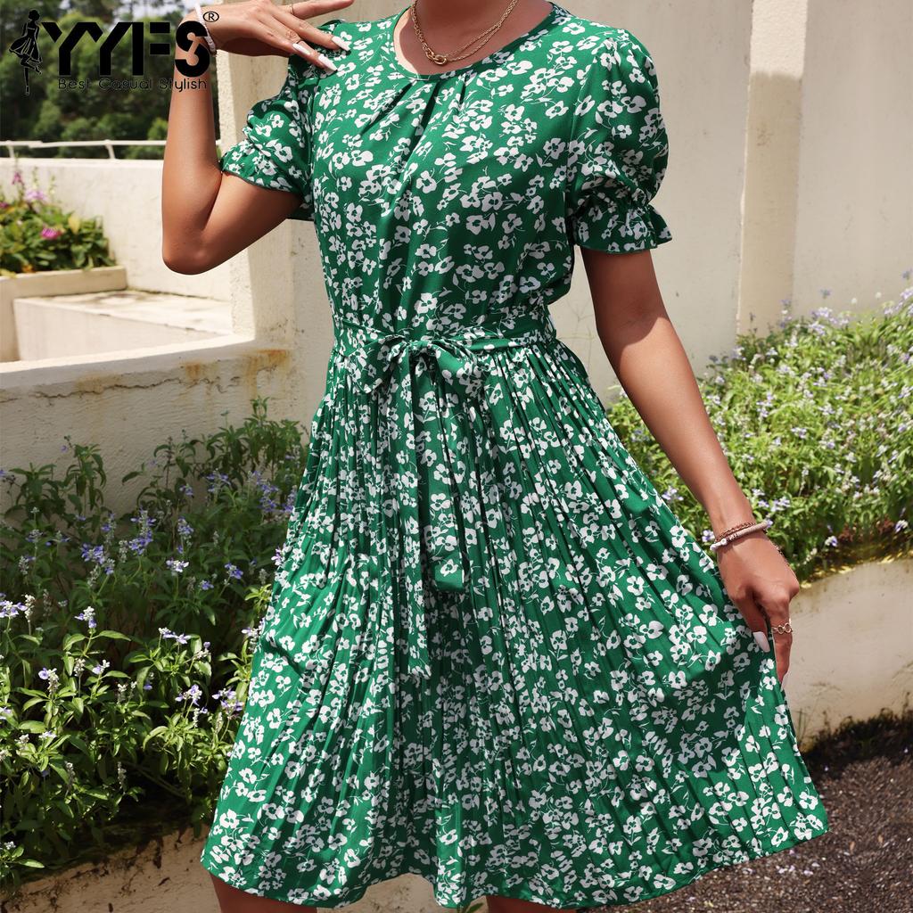 YYFS Women's Fashion Summer Spring Floral Print Short Sleeve O-Neck Casual Dresses