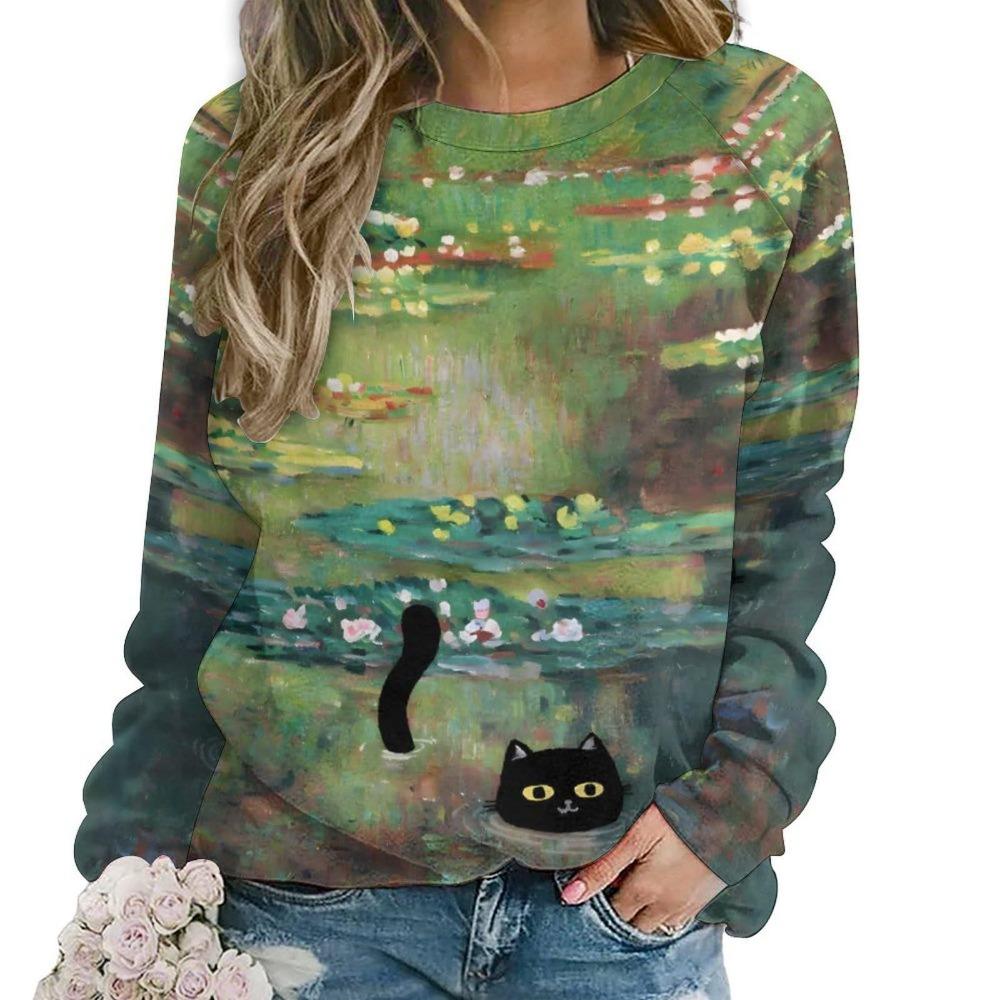 Cute Cat Floral Sweatshirts Flower 3D Print Women New O-Neck Hoodies Casual Streetwear Y2k Pullovers Harajuku Top Woman Clothing