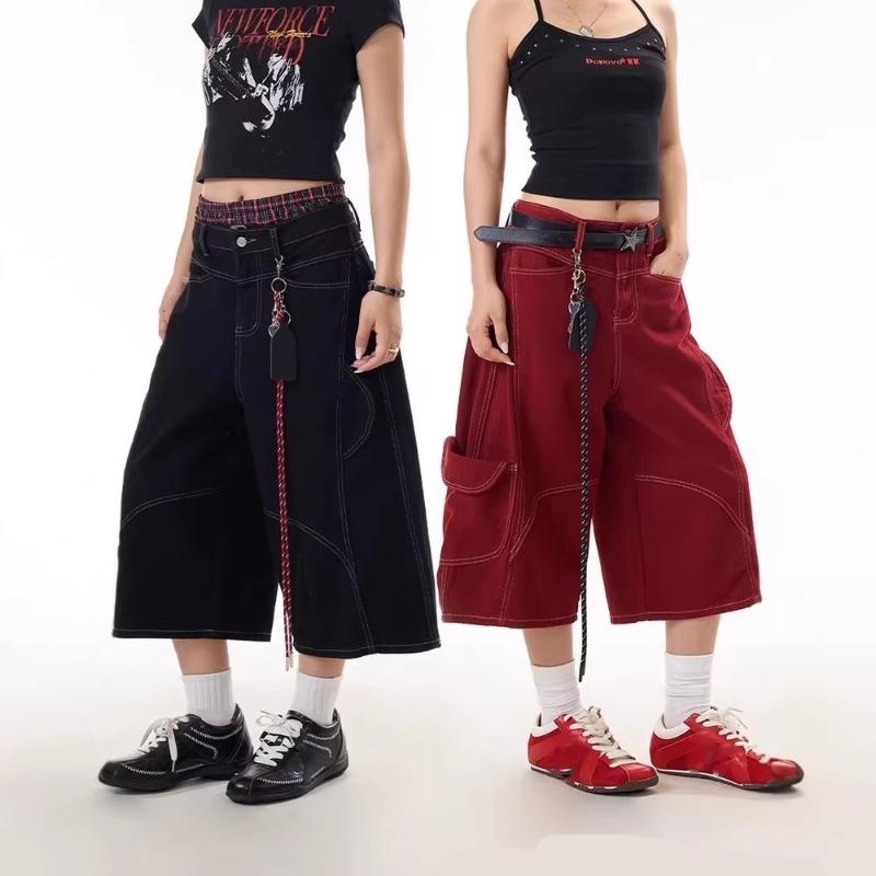 Sommer Rote Gewaschene Lockere Taschen Jeans Cropped Hosen Damen High Street Y2K Vintage Baggy Jeans Übergröße Jorts Shorts