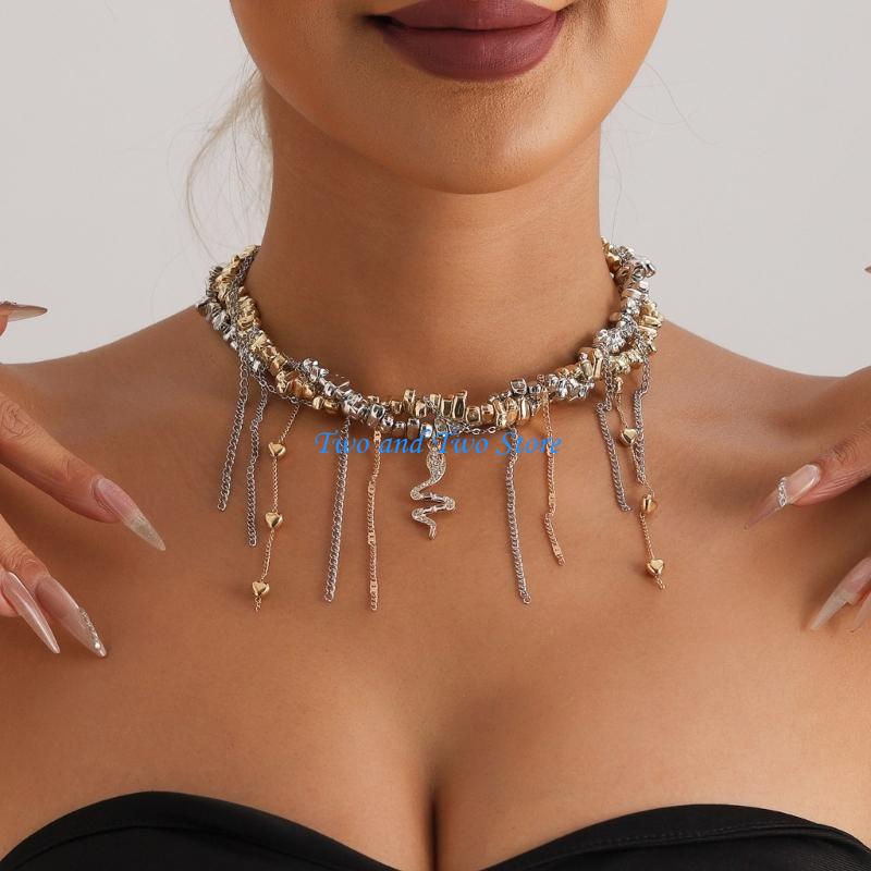 HX6F Modern Heart Tassels and Snake Pendant Necklace Accessory for Everyday Wear CN