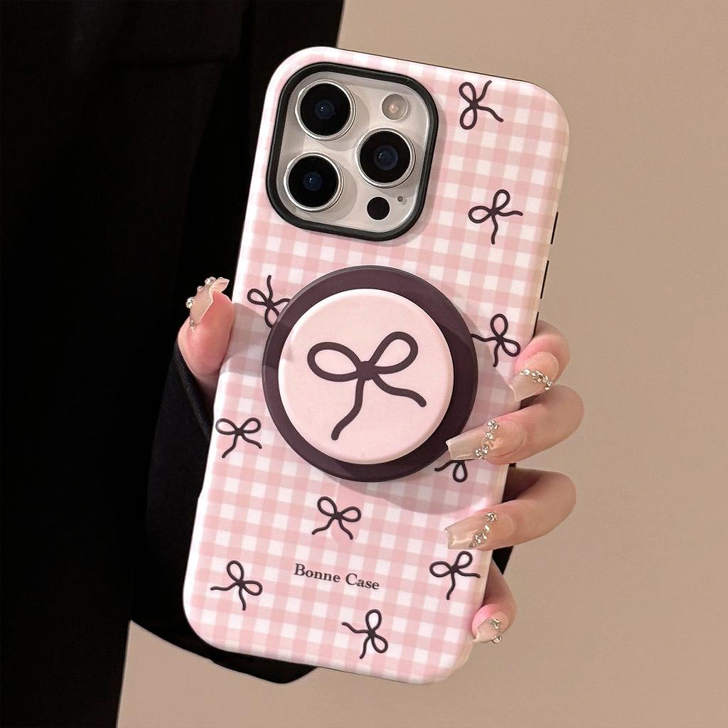 Checked Bow Magnetic Bracket IPhone16promax IPhone Case 14 Suitable for 13 Film 15 Sweet