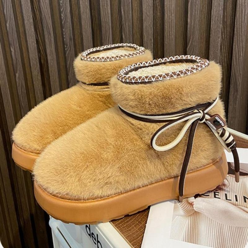 Fashion Women Winter Warm Slippers Indoor Street Snow Boots Soft Faux Fur Thick Sole Girls Home Floor Shoes Cute Lace-up Walking Boot