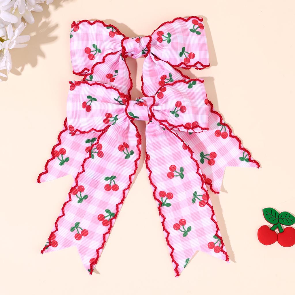 2PCS Spring Summer Grosgrain Ribbon Boutique Hair Bow Moonsticth Edge Long Tails Hair Clip Print Fruit Girls Hair Accessories