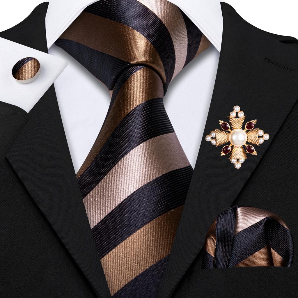 Pearl Brooch with Silk Tie for Men Vintage Floral Teal Necktie Hanky Cufflinks Gift Formal Set