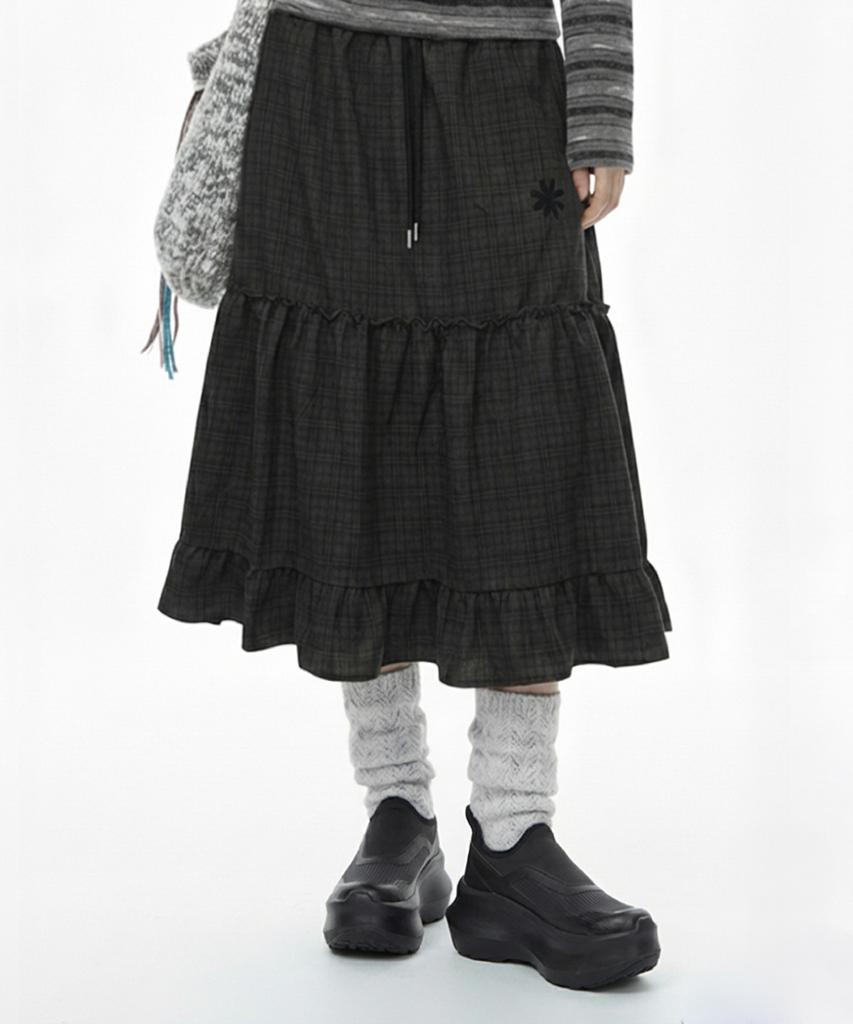 Damiswi Vintage Check Frill Long Skirt_Black