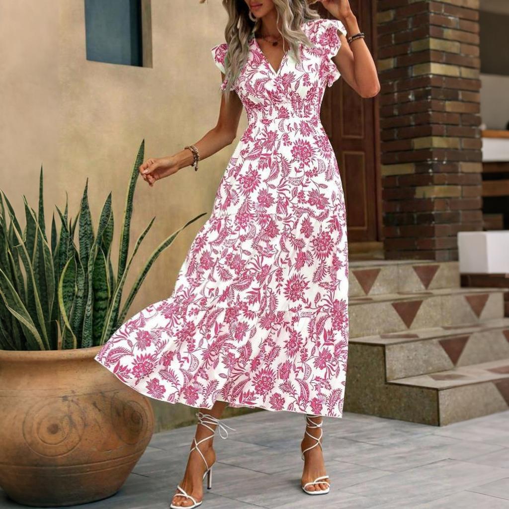 Bohemian Style Women's Summer V Neck Waist Cinched Floral Print Maxi Dress with Short Sleeves and Ruffled Hem for Casual Wear
