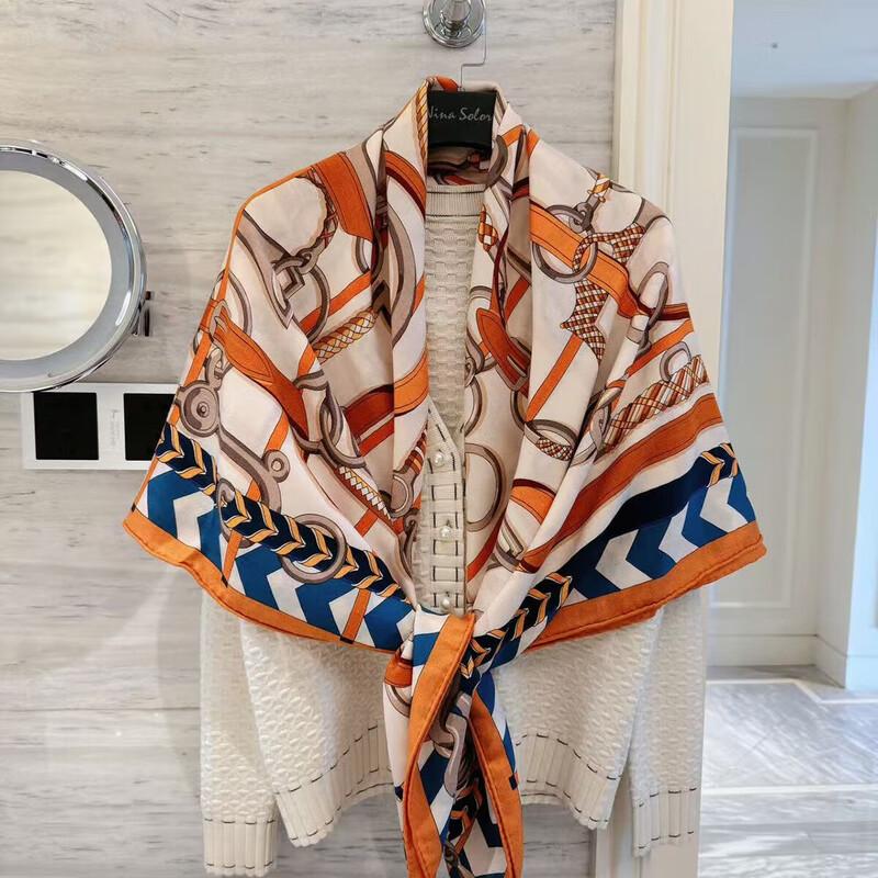 NINA SOLOR Silk Wool Large Square Scarf with Buckle