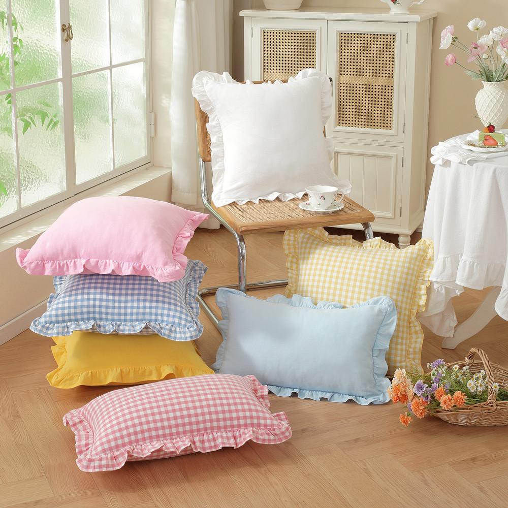 Jmg Clothing Unisex French-Style Sweet Headboard Pillowcase Cojines Cotton Plain Plaid Ruffled Edge Sofa Throw Pillow Cover Decoration Cushion Cover