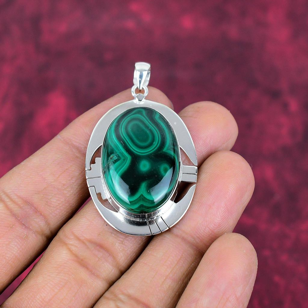 Malakithänge, 925 sterling silver hängsmycke. Gåva för kvinnor handgjorda hängsmycken ädelstenssmycken