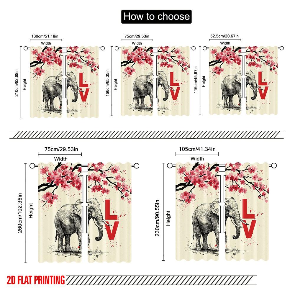 2pcs 2D flat printing Window Drapes Love Elephant Cherry Blossom 100% Polyester Without Electricity Seasonal Party & Holiday