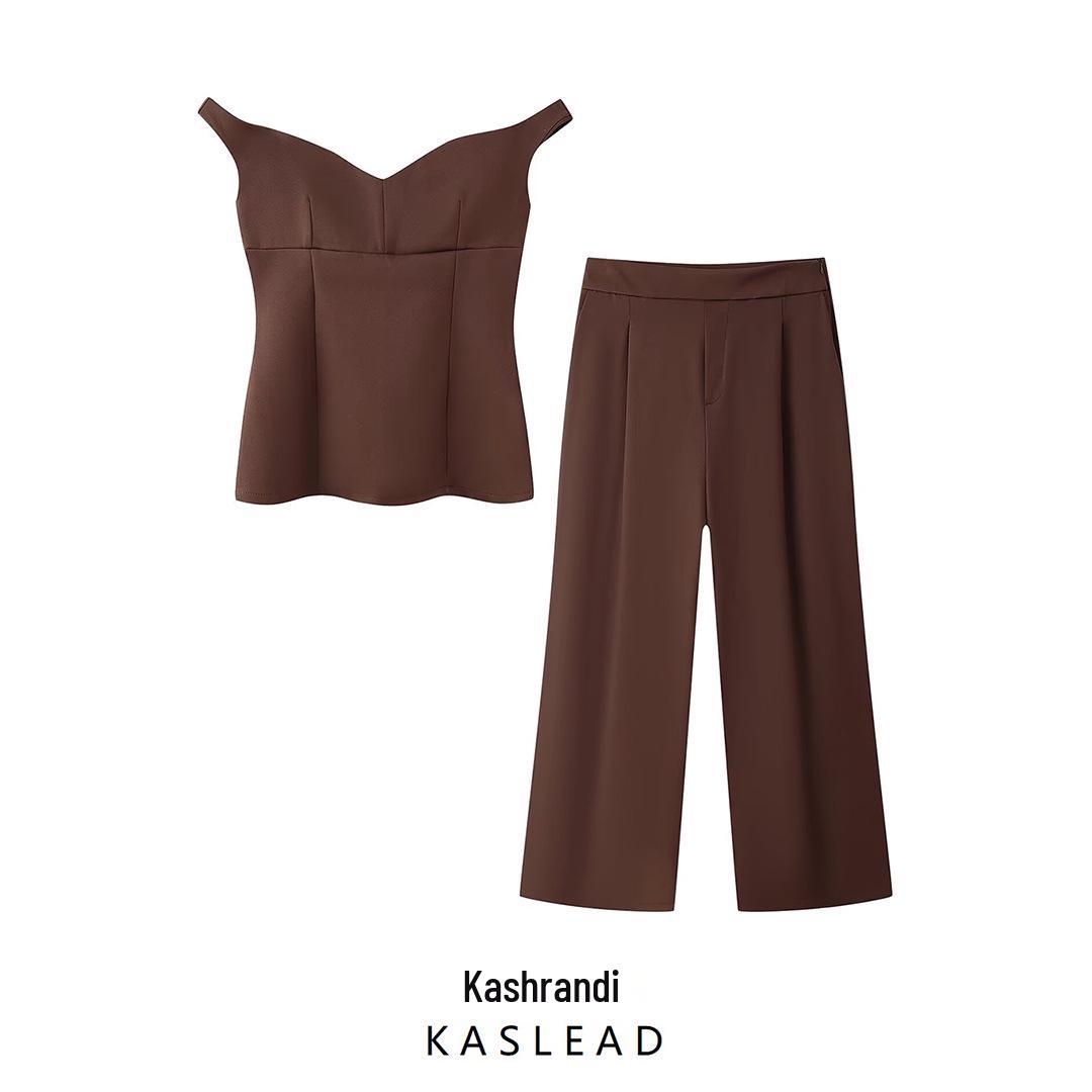 

2025 Spring Women s European & American V-Neck Off-Shoulder Top with Long Pants S