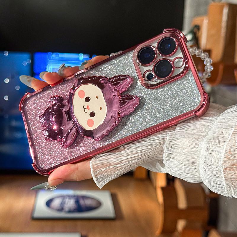 Cute Cartoon Mirror Phone Holder Glitter Gradient Plating Phone Case Cover for iPhone 17 16 15 14 13 12 11 Pro Max Plus Air