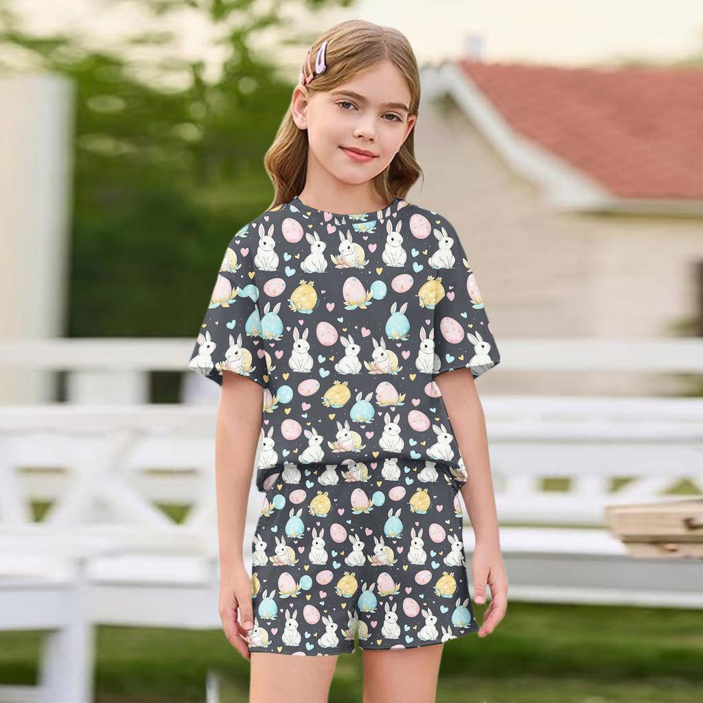 Kid Patriotic Outfit - Short Sleeve & Shorts 2-Piece Set For Girl Easter Day