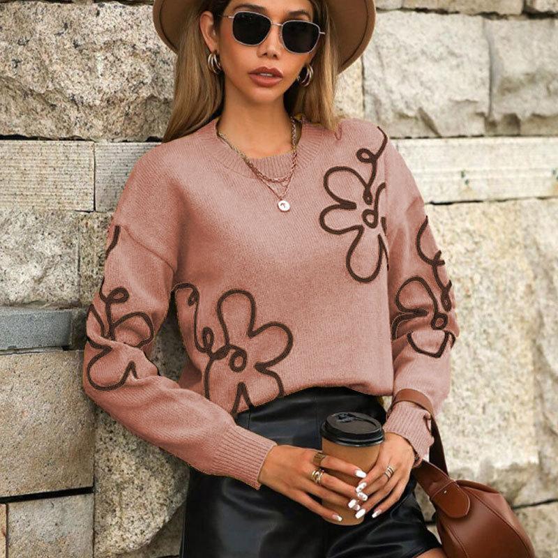 Cross-border Europe, America, Autumn and Winter New Women's Sweater Fashion Flower Three-dimensional Embroidery Round Neck Pullover Long Sleeve