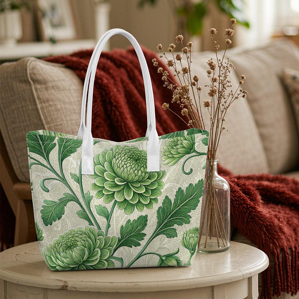 Green Floral Print Fashion Casual Tote Bag Daily Ladies Large Capacity Portable Shoulder Bag