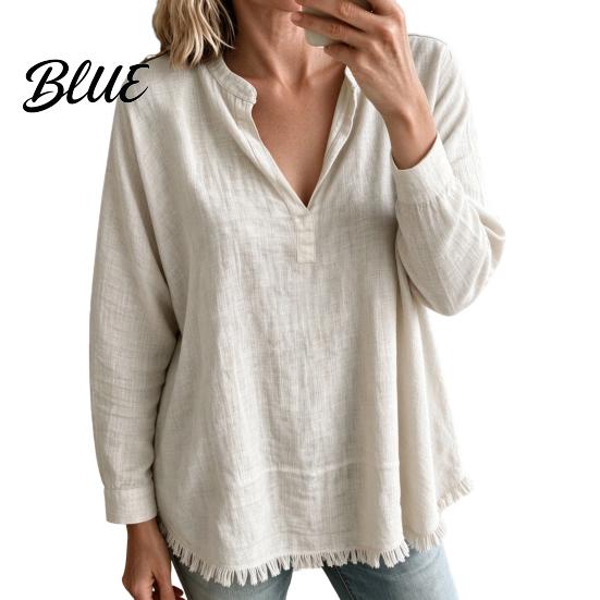 Layered Blouse Women Loose Fit V-Neck Blouse Solid Color Long Sleeve Tassel Hem Daily Wear Shirt Casual Fringe Trim Tops for Business Commuting