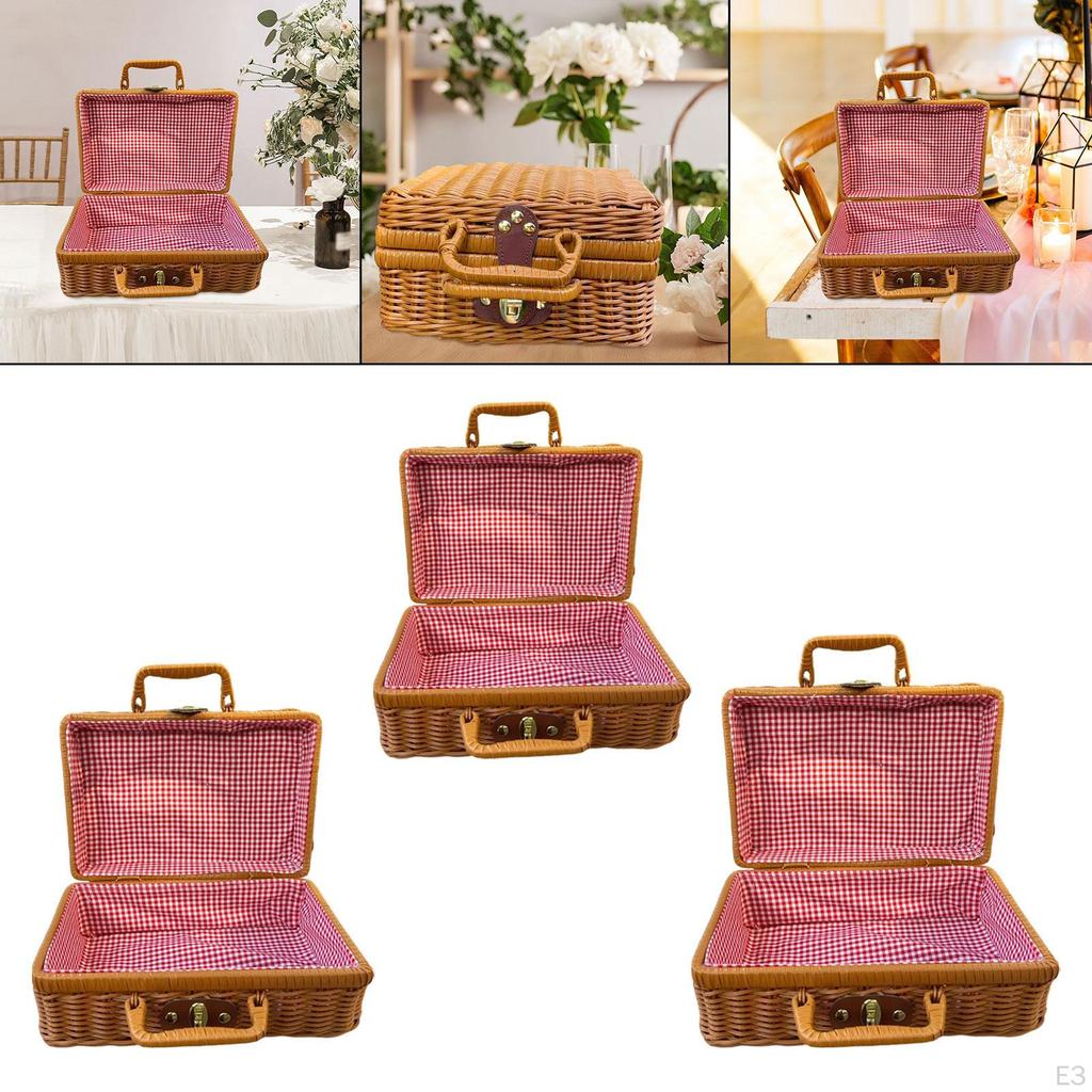 Imitation Rattan Storage Basket Handwoven Suitcase with Lid Woven Organizer Bin for Counter