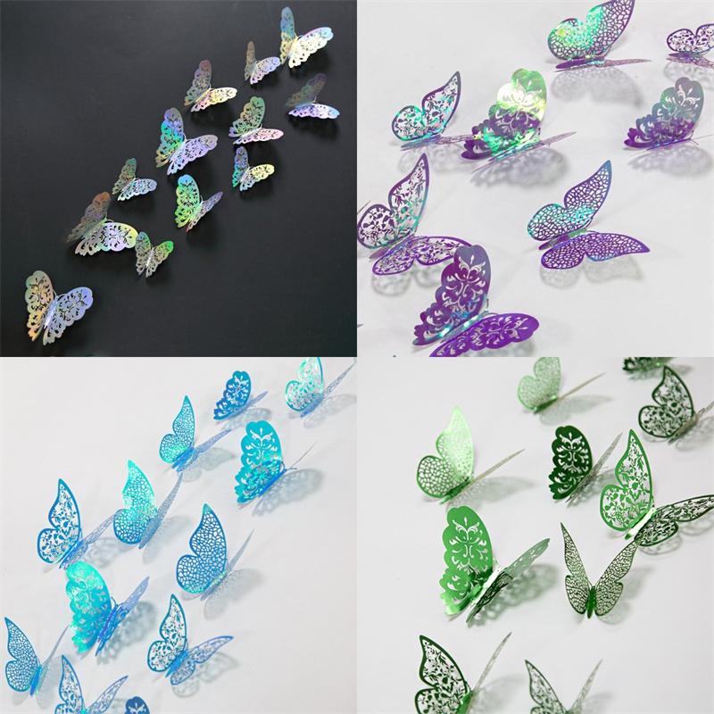 

12 шт./компл. 3D настенные наклейки полые бабочки для детских комнат домашний декор стены DIY зеленые синие фиолетовые наклейки на холодильник украшение комнаты