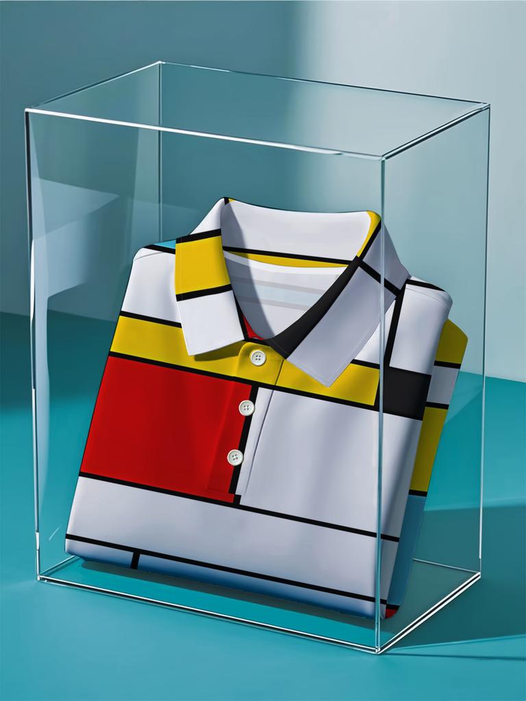 Men'S Short Sleeve Polo Shirt, Flat Digital Print Pattern - No Texture - Red Yellow Blue White Black Geometric Color Block Patchwork Print,