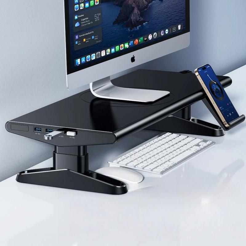 Oatsbasf Laptop Computer Monitor Stand Riser with Phone Stand 4.5-6.3" Height Adjustable with 4-Port USB 3.0 Type-C for Office