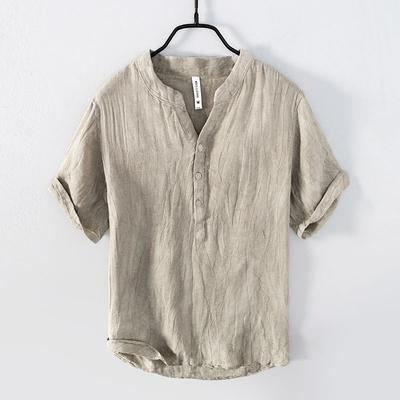 Sommar Intage Ren Linne Kortärmad T-shirt för Män Tunn Enfärgad Slim Herrkläder Stor Storlek 5XL
