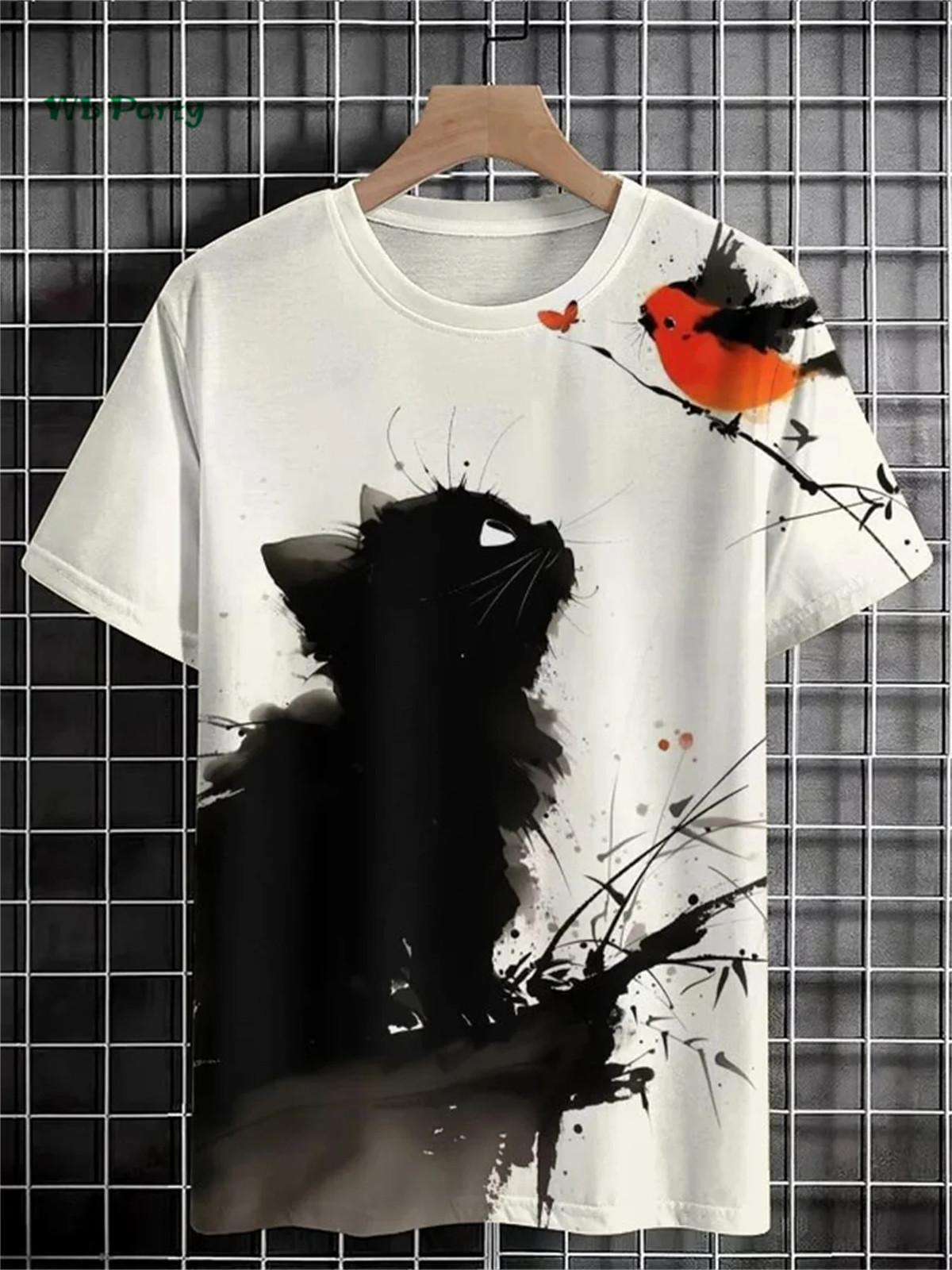 Cat Print Men S T-Shirt 3D Funny Animal Pattern Short Sleeve T-Shirt Oversized M