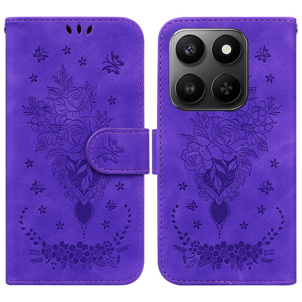 For Honor 400 Smart 5G/4G/X7d 4G Case Butterfly Flower Imprint PU Leather Wallet Phone Cover with Strap